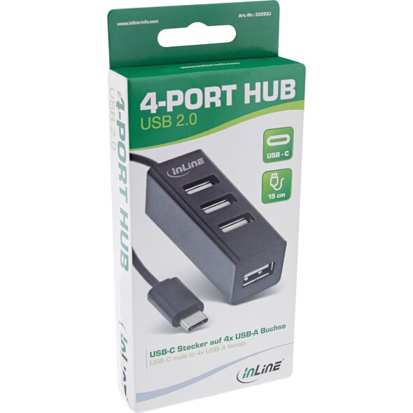 InLine InLine® USB 2.0, 4-Port Hub, USB-C male to 4x USB-A female, black, 15cm, slim design