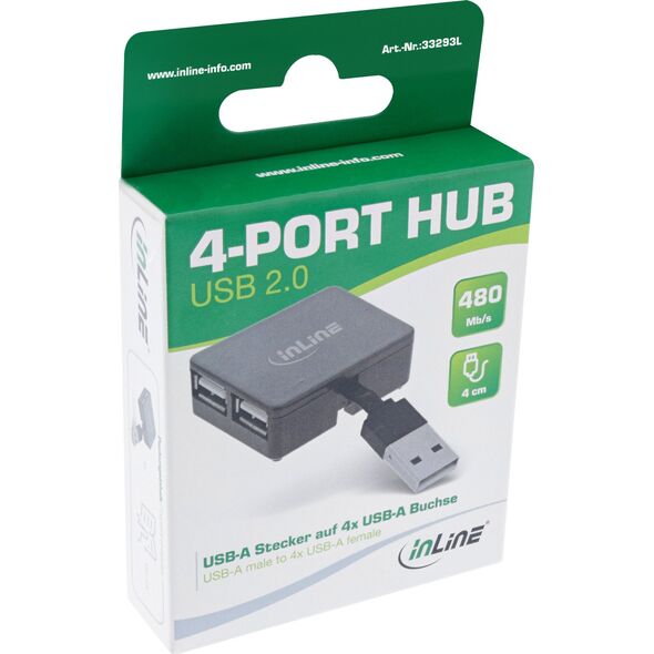 InLine InLine® USB 2.0 4-Port Hub, USB-A male to 4x USB-A female, black, 4cm, slim design