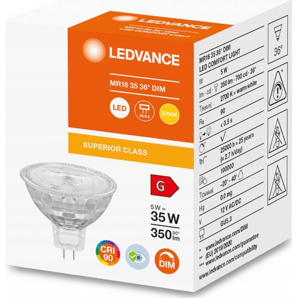 Ledvance LEDVANCE LED Comfort MR16 36° 350lm 5W/927 (35W) GU5,3 dæmpbar