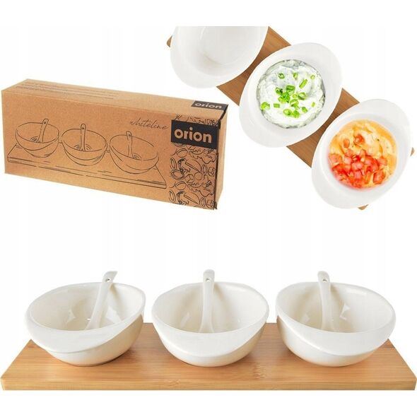Orion Miseczki na przekąski z łyżeczkami porcelanowe białe na tacy WHITELINE 32 cm 7 el.