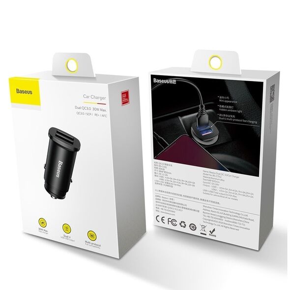 Car Charger Baseus Square 2xUSB QC3.0 5A 30W Black
