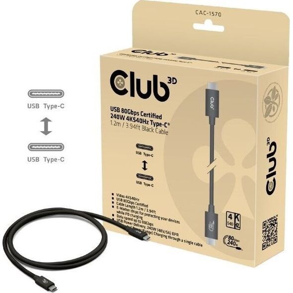 Club3D Kabel USB4 v2 Typ-C, 80Gbps, Certifikovaný kabel, 4K540Hz, 16K60Hz, PD 240W, 1m