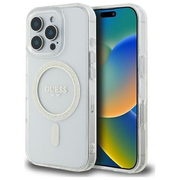 Guess Guess GUHMP16LHFGERET iPhone 16 Pro 6.3" przeźroczysty/transparent hardcase IML Glitter Circle MagSafe