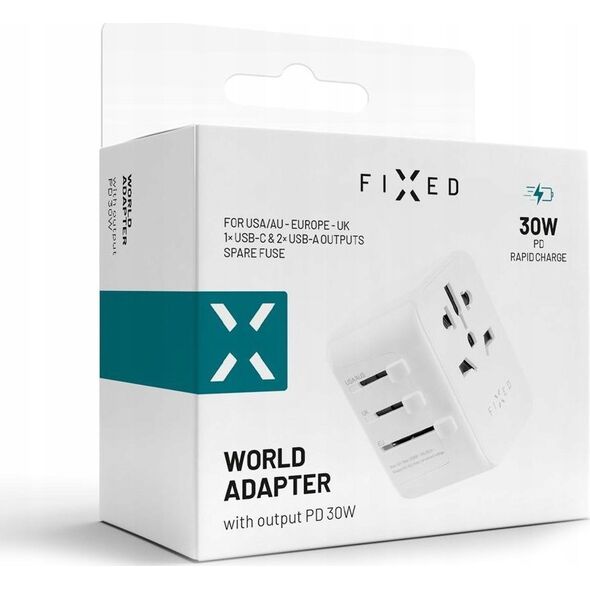 Fixed Fixed | Voyager World Adapter | FIXCT30-1C2A-WH | USB-A/USB-C | Travel Adapter