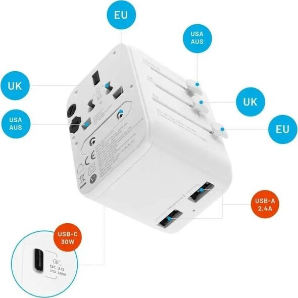 Fixed Fixed | Voyager World Adapter | FIXCT30-1C2A-WH | USB-A/USB-C | Travel Adapter