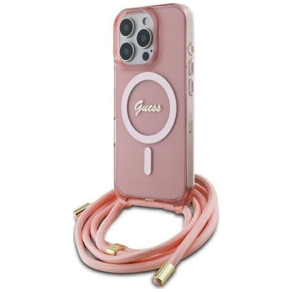 Guess Guess GUHMP16XHCTSGNSP iPhone 16 Pro Max  6.9" różowy/pink hardcase Crossbody Cord Script MagSafe