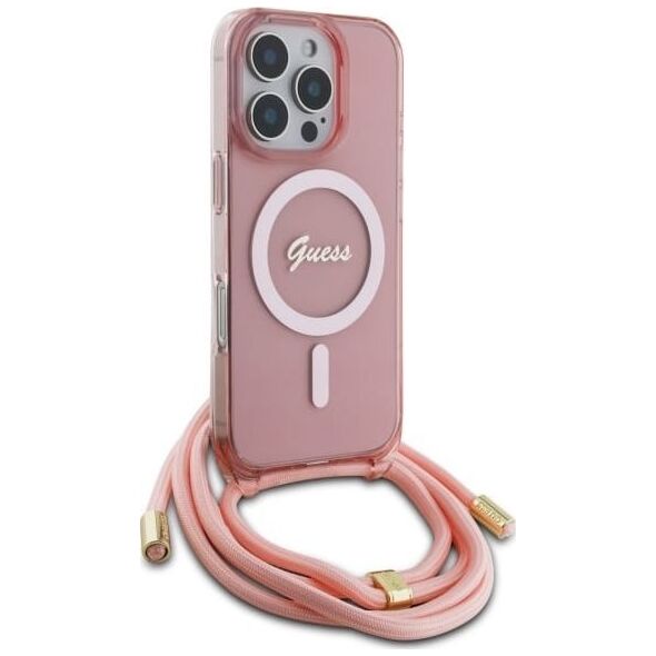 Guess Guess GUHMP16XHCTSGNSP iPhone 16 Pro Max  6.9" różowy/pink hardcase Crossbody Cord Script MagSafe