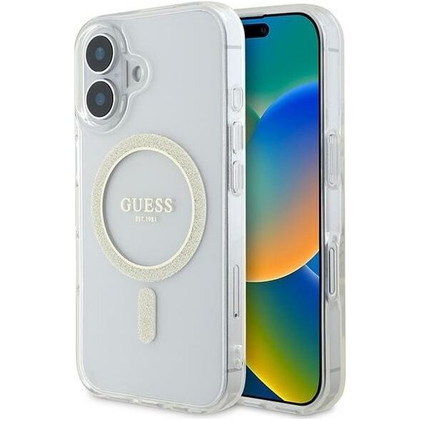 Guess Guess GUHMP16SHFGERET iPhone 16 6.1" przeźroczysty/transparent hardcase IML Glitter Circle MagSafe