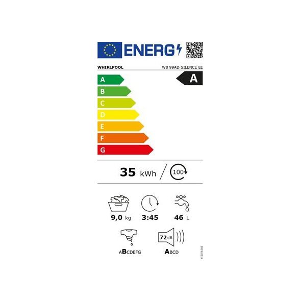 Pralka Whirlpool Whirlpool Washing machine | W8 99AD SILENCE EE | Energy efficiency class A | Front loading | Washing capacity 9 kg | 1400 RPM | Depth 64.3 cm | Width 59.9 cm | LCD | Steam function | Direct drive | White