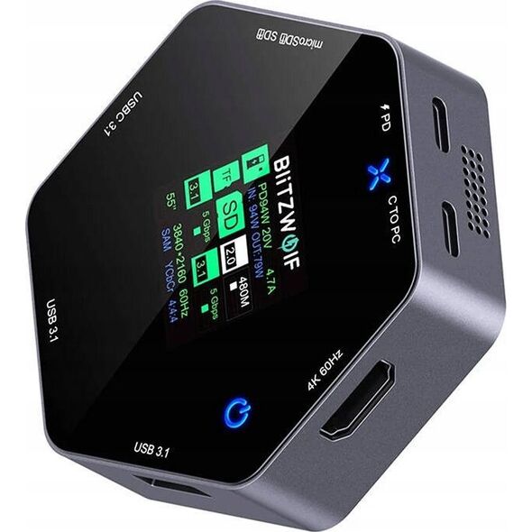 Stacja/replikator Blitzwolf Stacja dokująca 8w1 Blitzwolf BW-TH16 USB 100W LCD Smart Display USB-C 3.1, 2xUSB-A 3.1, USB-C PD 100W, HDMI 4K60hz, TF/SD 3.0, HD 4K@60hz