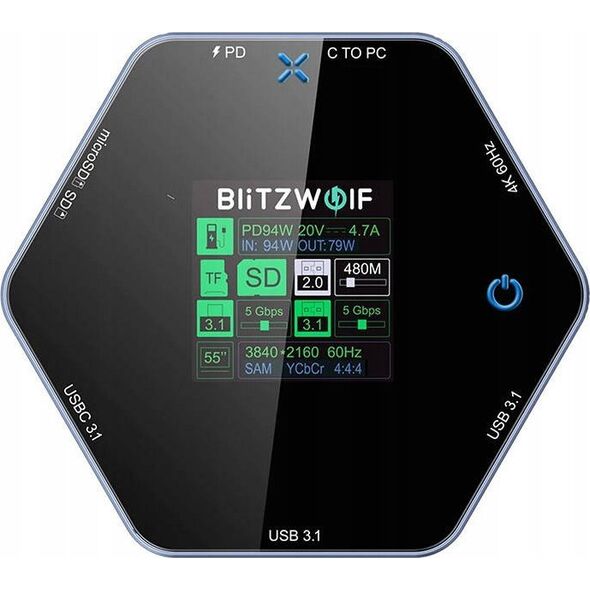 Stacja/replikator Blitzwolf Stacja dokująca 8w1 Blitzwolf BW-TH16 USB 100W LCD Smart Display USB-C 3.1, 2xUSB-A 3.1, USB-C PD 100W, HDMI 4K60hz, TF/SD 3.0, HD 4K@60hz