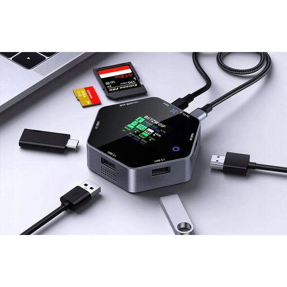 Stacja/replikator Blitzwolf Stacja dokująca 8w1 Blitzwolf BW-TH16 USB 100W LCD Smart Display USB-C 3.1, 2xUSB-A 3.1, USB-C PD 100W, HDMI 4K60hz, TF/SD 3.0, HD 4K@60hz