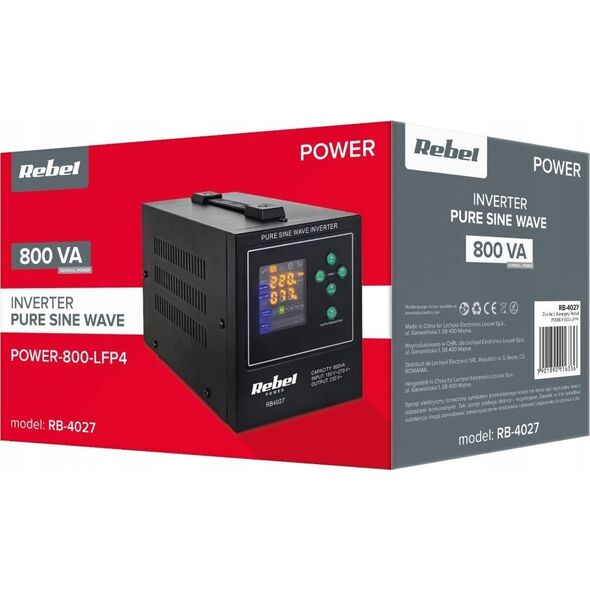 Przetwornica Rebel Zasilacz awaryjny Rebel POWER-800-LFP4 - przetwornica z czystym przebiegiem sinusoidalnym i funkcją ładowania  12V 230V 800VA/500W