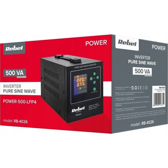 Przetwornica Rebel Zasilacz awaryjny Rebel POWER-500-LFP4 - przetwornica z czystym przebiegiem sinusoidalnym i funkcją ładowania  12V 230V 500VA/300W