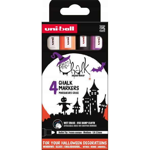 UNIBALL Uni Chalk marker sæt Halloween med 4 stk PWE-5M ( colours white, black, purple, orange)