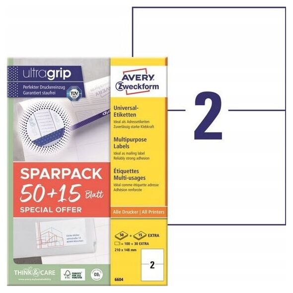 AVERY Universaletiketter Avery 210x148 mm, hvid med Ultragrip + 30% ekstra indhold - (65 ark x 2 stk.)