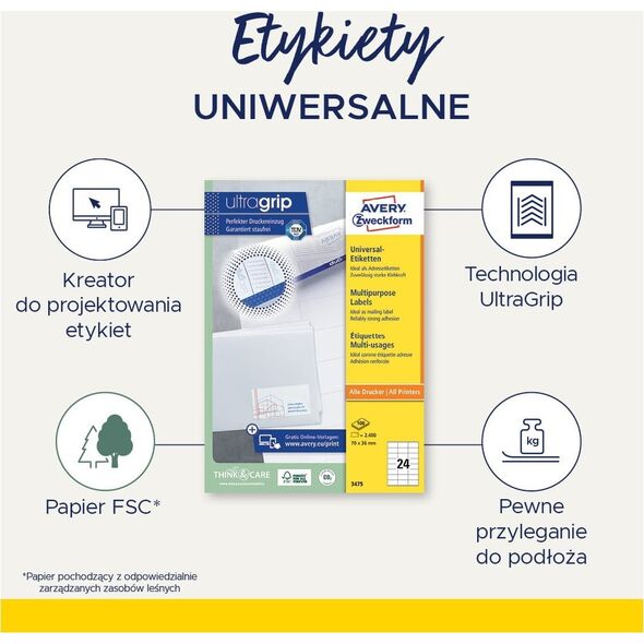 AVERY Universaletiketter Avery 48,5x25,4 mm, hvid med Ultragrip + 30% ekstra indhold - (65 ark x 40 stk.)
