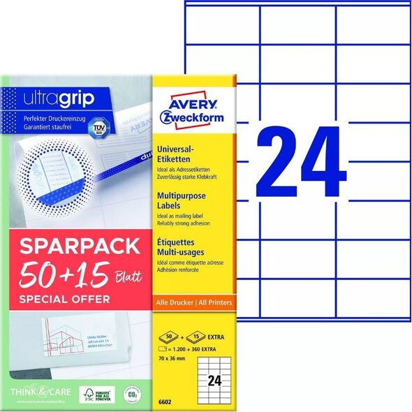 AVERY Universaletiketter Avery 70x36 mm, hvid med Ultragrip + 30% ekstra indhold - (65 ark x  24 stk.)