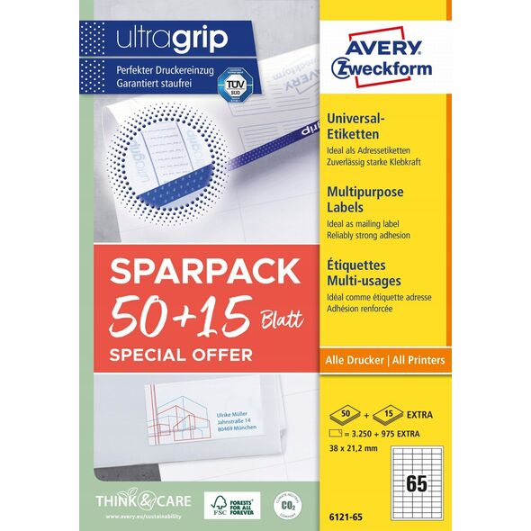 AVERY Universaletiketter Avery 38x21,2 mm, hvid med Ultragrip + 30% ekstra indhold - (65 ark x 65 stk.)