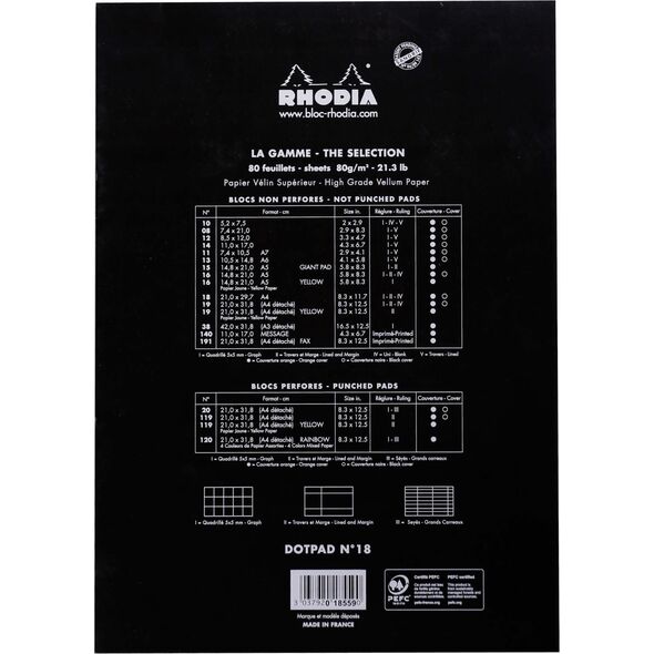 Clairefontaine Rhodia Dot Pad A4 - 80 microperforated sheets - 80gram (not punched - cardboard backed) - Rhodia 18559C