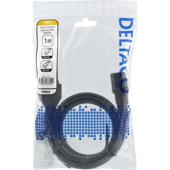 Kabel zasilający Deltaco Extension cord IEC C15, IEC C14, 1m, black