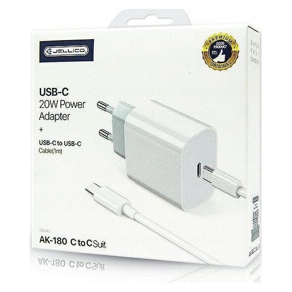 Ładowarka Jellico JELLICO ładowarka sieciowa AK180 PD 20W 1xUSB-C + kabel USB-C - USB-C Biały