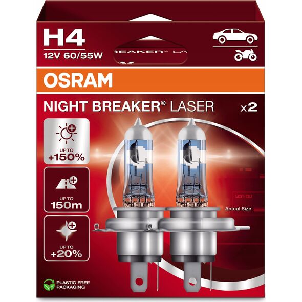 Osram OSRAM Automobilinės lemputės NIGHT BREAKER LASER +150% H4 60/55W 12V P43T 2vnt