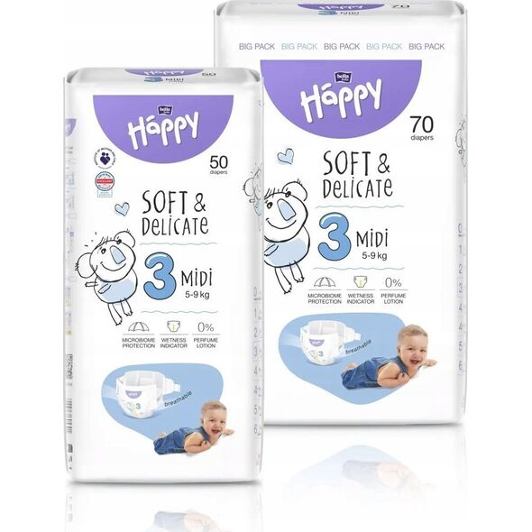 Happy HAPPY Midi (5-9kg) diapers 70pcs, size 3 NEW, BB-054-MU70-W01