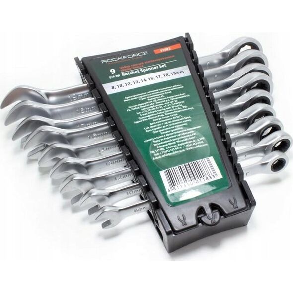 Rockforce Zestaw kluczy płasko-oczkowych z grzechotką 9el. (8-19mm)