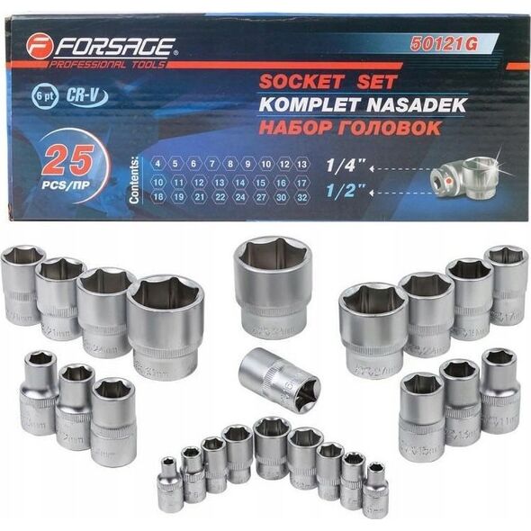 Zestaw narzędzi Forsage Zestaw nasadek 1/4" & 1/2" 25el. (4-32mm) (6-kątnych)