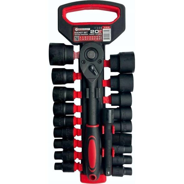 Forcekraft Zestaw nasadek 1/2" 20el. (z grzechotką i przedłużką) (8-32mm)