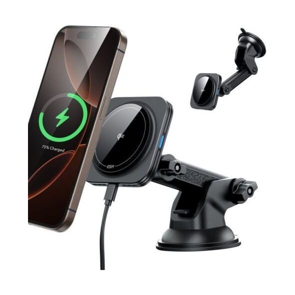 Ładowarka ESR Uchwyt samochodowy na kokpit / szybę z ładowarką indukcyjną ESR Halolock Magnetic Magsafe Dashboard Car Mount Wireless Charger Qi2 15W Black