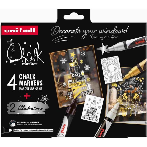 Usorteret Uni Kreidemarker-Set X-mas mit 4-tlg. PWE-5M (Farben Weiß, Schwarz, Gold, Silber) + 2 Illustrationsblätter