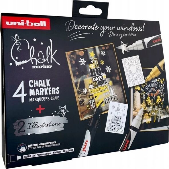Usorteret Uni Kreidemarker-Set X-mas mit 4-tlg. PWE-5M (Farben Weiß, Schwarz, Gold, Silber) + 2 Illustrationsblätter
