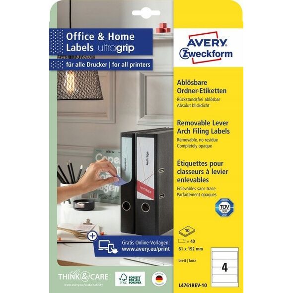 Avery-Zweckform L4761REV-10 61 x 192 mm Papir Hvid 40 stk Kan fjernes igen Mappe-etiketter Bläck, Laser, Kopi