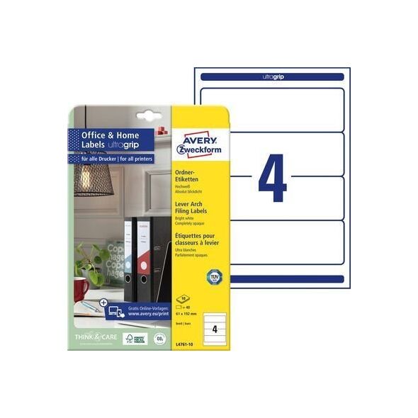 Avery-Zweckform L4761REV-10 61 x 192 mm Papir Hvid 40 stk Kan fjernes igen Mappe-etiketter Bläck, Laser, Kopi