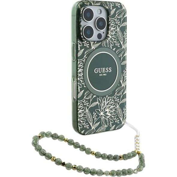Guess GUHMP16XHCPOFPA iPhone 16 Pro Max   6.9" zielony/green hardcase IML Flowers Allover Electro With Pearl Strap MagSafe