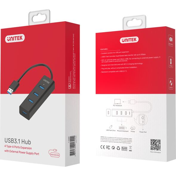 HUB USB Unitek 1x microUSB  + 4x USB-A 3.0 (Y-3089)