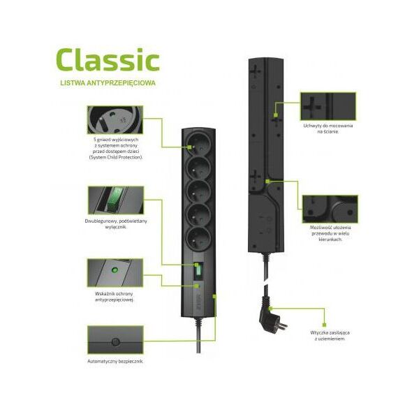 Listwa zasilająca Ever Classic przeciwprzepięciowa 5 gniazd 5 m czarna (T/LZ09-CLA050/0000)