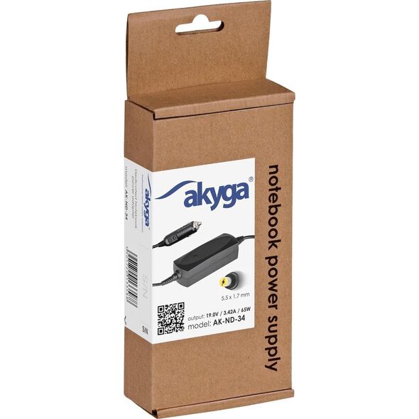 Zasilacz do laptopa Akyga 65 W, 1.7 mm, 3.4 A, 19 V (AK-ND-34)