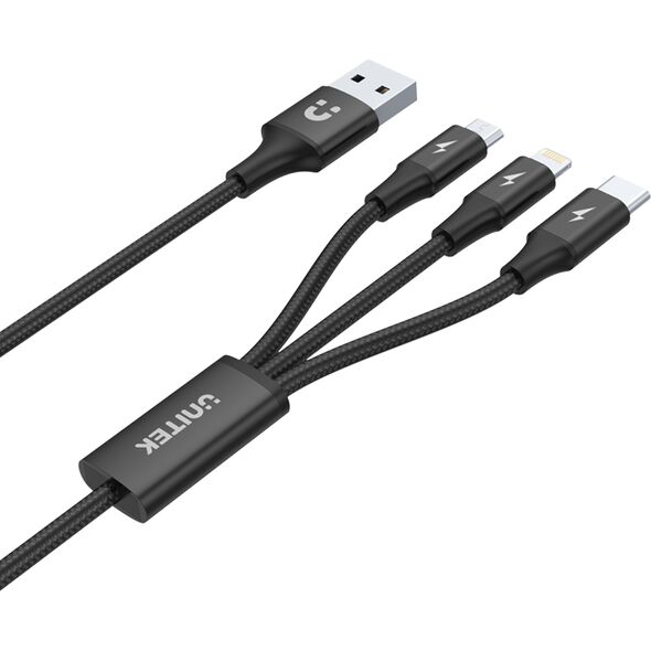 Kabel USB Unitek USB-A - USB-C + microUSB + Lightning 1.2 m Czarny (C14049BK)