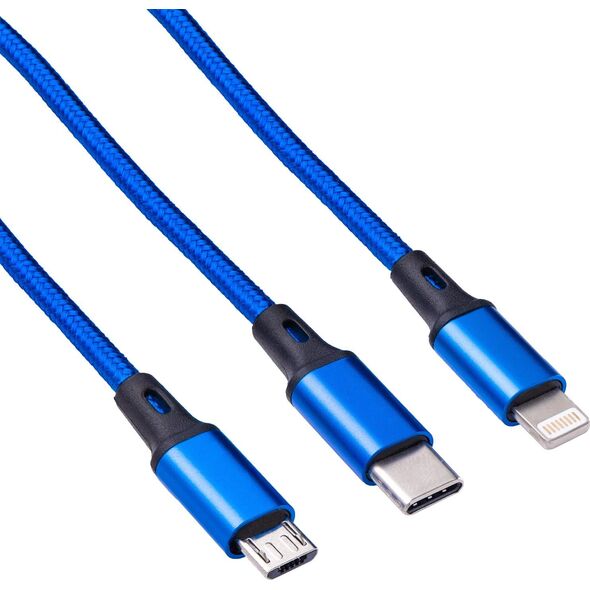Kabel USB Akyga USB-A - USB-C + microUSB + Lightning 1.2 m Niebieski (AK-USB-27)