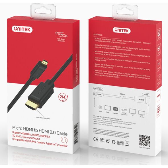 Kabel Unitek HDMI Micro - HDMI 2m czarny (Y-C182)
