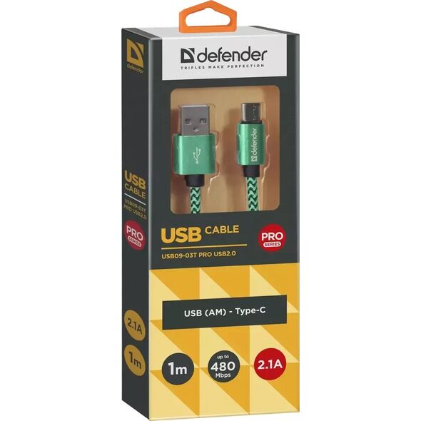 Kabel USB Defender USB-A - USB-C 1 m Zielony (87816)