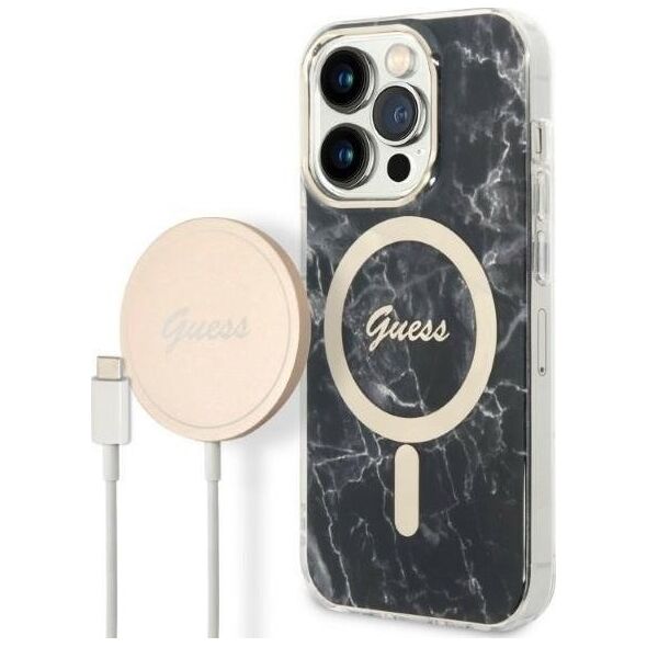 Guess Zestaw Guess GUBPP14LHMEACSK Case+ Charger iPhone 14 Pro 6,1" czarny/black hard case Marble MagSafe NoSize