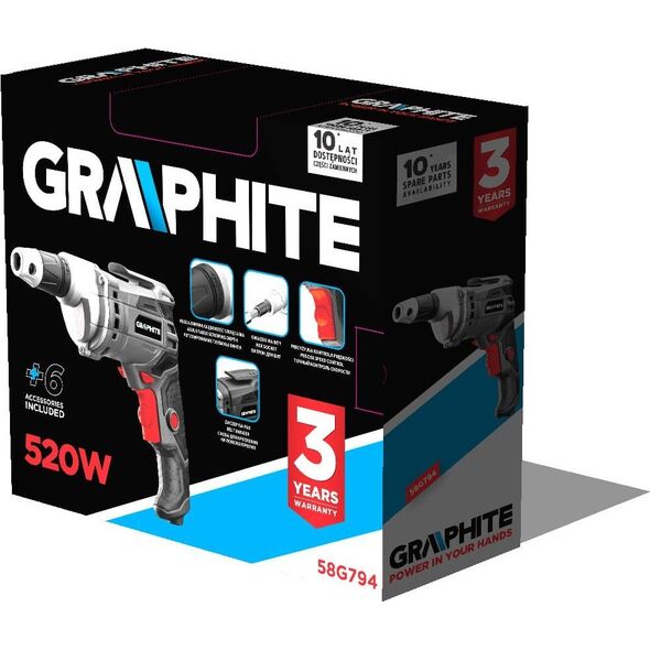 Wiertarko-wkrętarka Graphite Wiertarko-wkrętarka sieciowa 520W, obroty 0-4200 min, walizka 58G794