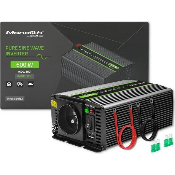Przetwornica Qoltec Przetwornica napięcia Monolith | 300W | 600W | 12V na 230V | Czysty Sinus