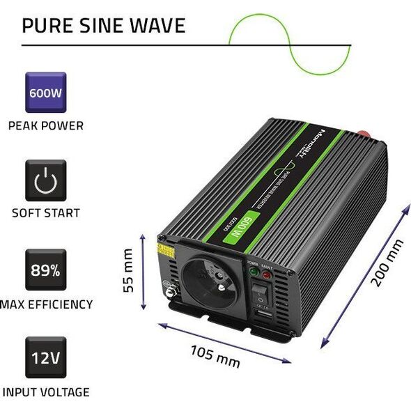 Przetwornica Qoltec Przetwornica napięcia Monolith | 300W | 600W | 12V na 230V | Czysty Sinus