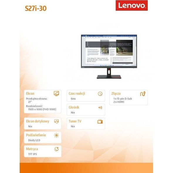 Monitor Lenovo ThinkVision S27i-30 (63DFKAT4EU)
