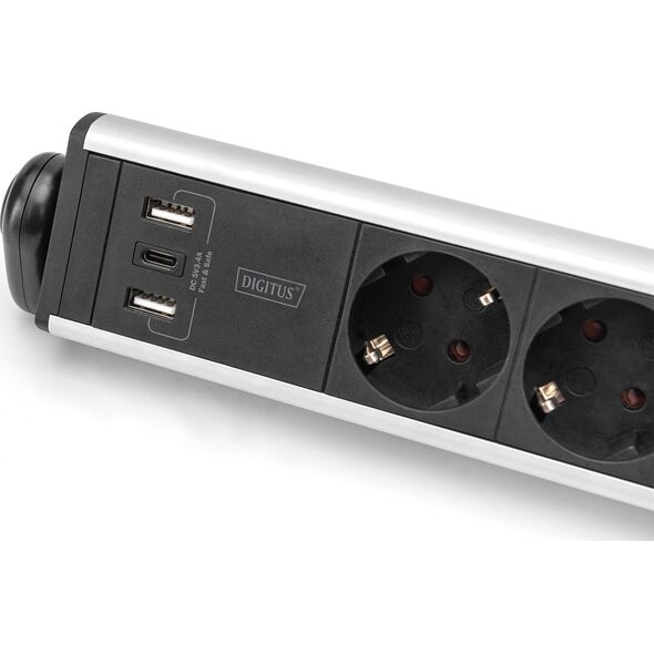 Listwa zasilająca Digitus Listwa zasilajšca biurowa 45° 6 gniazd, 2xUSB-A 1xUSB-C (5V/3,4A) możliwoć obrotu o 180°, aluminiowa, z zaciskiem na blat